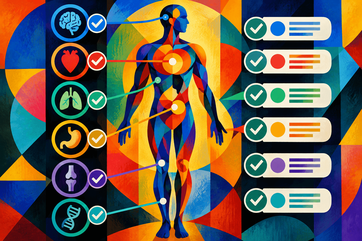 Abstract artwork for I need a round on the human body with answers next to the question ; all questions must be checked thoroughly so no one can challenge them